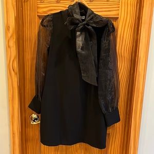 Zara black shift dress with sheer sleeve and bow